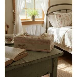Handmade Floral Fabric Cottage Core Tissue Box Cover, Lace, Ribbon, GrandmaCore